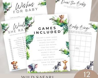 safari baby shower games bundle boy, Jungle, most fun, bundle, editable, canva template, bingo, instant download, trivia, guess who, print