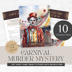 murder mystery party for teens, printable game, carnival theme, role play, detective, escape room, instant download, digital, halloween clue
