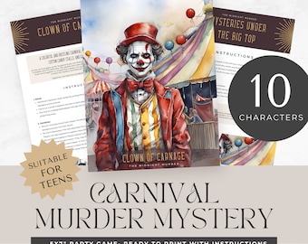 murder mystery party for teens, printable game, carnival theme, role play, detective, escape room, instant download, digital, halloween clue