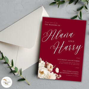 burgundy wedding invites canva, invitation, wedding stationary, Printable invitation, Digital Template, instant download, BURGANDY FLORAL