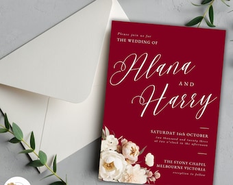 boda burdeos invita canva, invitación, papelería de boda, invitación imprimible, plantilla digital, descarga instantánea, BURGANDY FLORAL