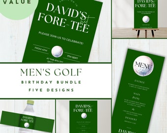 May include: A green and white golf-themed birthday party bundle with five designs. The designs include a welcome sign, a menu, a water bottle label, a table sign, and an invitation. The text on the signs says "David's Fore-Tee".