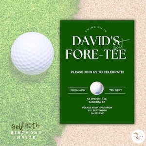 Puede incluir: Una invitaci&oacute;n con tem&aacute;tica de golf con una pelota de golf blanca sobre hierba verde. La invitaci&oacute;n es de color verde oscuro con texto blanco que dice "David's Fore-Tee" e incluye detalles del evento. Invitaci&oacute;n para un 40 cumplea&ntilde;os.