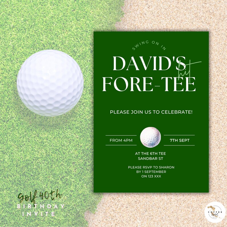 Puede incluir: Una invitaci&oacute;n con tem&aacute;tica de golf con una pelota de golf blanca sobre hierba verde. La invitaci&oacute;n es de color verde oscuro con texto blanco que dice "David's Fore-Tee" e incluye detalles del evento. Invitaci&oacute;n para un 40 cumplea&ntilde;os.