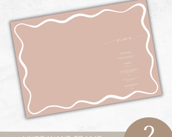 May include: A nude-colored placemat template with a white wavy border. The template is designed for use as a menu or placemat. The text "menu" is written in cursive at the top of the template. The text "Nude Wave Frame" is written in black at the bottom of the template. The text "Placemat Template" is written in black below "Nude Wave Frame". The text "Two Sizes - A3 & 17x11" is written in black below "Placemat Template". The number "2" is written in black at the bottom right corner of the template. The text "Sizes" is written in black below the number "2".