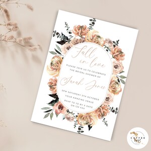 Fall In Love Bridal Shower Invitation Template, Fall Bridal Shower Invitation Bundle, Autumn Printable, canva, wedding, seasonal theme, BOHO