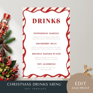 christmas cocktail menu editable, wave frame, holiday bar sign, template, printable, instant download, wriggly, modern, party drinks, xmas