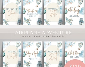 May include: Ten printable party signs featuring a blue and white airplane theme. The signs include text such as "Baggage Claim", "Boarding Gate", "Fueling Station", "Traffic Control", "Sky High Sweets", "Emergency Exit", and "Cloud Nine Treats".