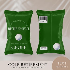 May include: Green chip bag with a golf ball and the text "Swinging into Retirement" and "Thank you for celebrating Geoff". The bag is 28 cm by 21.5 cm.