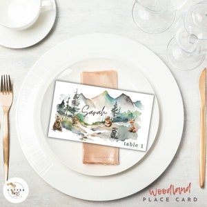 Animaux des bois | Faveurs de douche de bébé Woodland | Carte de siège | Décorations de douche de bébé Woodland | Cartes de place Woodland, modèle canva