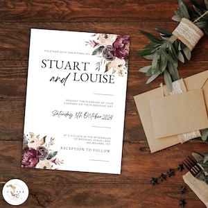 burgundy wedding invites canva, invitation, wedding stationary, Printable invitation, Digital Template, instant download, BURGANDY FLORAL
