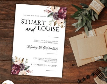 boda burdeos invita canva, invitación, papelería de boda, invitación imprimible, plantilla digital, descarga instantánea, BURGANDY FLORAL
