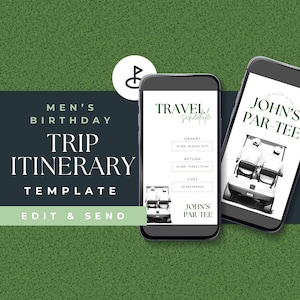May include: A printable template for a men's birthday trip itinerary. The template includes a travel schedule with departure and return dates and times, and a cost per person. The template also includes a section for a John's Par-Tee event.