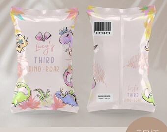 May include: A pink and green chip bag template with a dinosaur theme. The bag features a cartoon dinosaur with a crown, a pink bow, and the text "Lucy's Third Dino-Roar".
