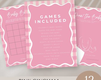 baby girl shower games pink gingham, most fun, bundle, printable, Best Party, editable canva template, bingo, instant download, trivia
