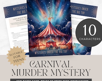 murder mystery party for teens, printable game, carnival theme, role play, detective, escape room, instant download, digital, halloween clue