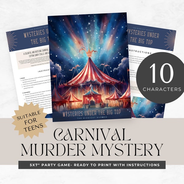 murder mystery party for teens, printable game, carnival theme, role play, detective, escape room, instant download, digital, halloween clue