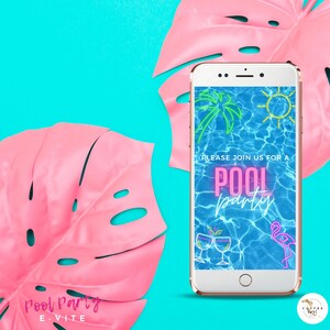 Pool Party Invitation | Birthday Party Pool Summer Canva | Instant Download | Neon Summer Evite Birthday Iphone Invitation | Swimming Party