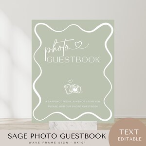 sinal de livro de visitas de foto com moldura de onda, livro de visitas SAGE, chá de bebê, noiva, casamento, para impressão, download instantâneo, modelo canva editável, moderno