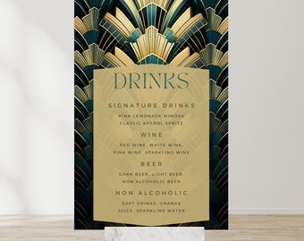 1920s drinks menu, art deco, printable, 20s theme party, great gatsby, Signature Drink Sign, instant download, editable template, custom bar