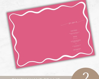 May include: A blush pink placemat template with a white wavy border. The template is designed for a menu and includes the words "menu", "entree", "main", and "dessert". The template is available in two sizes: A3 and 17x11 inches.