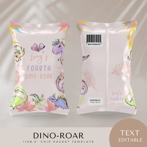 Niedliches Mädchen Dino-Geburtstags-Chip-Paket, 4. Dinosaurier-Geburtstag, vier Rex, bearbeitbare Canva-Vorlage, rosa, T-Rex, Mädchen Gastgeschenke, Party-Leckereien