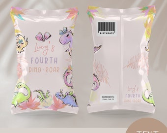 May include: Pink and green dinosaur themed chip bag template with the text "Lucy's Fourth Dino-Roar" and a space for a birthday date. The template is 11 inches by 8.5 inches.