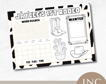 First Rodeo Birthday Coloring Pages, Western Theme Party, Custom Activity, Kids Party Favor, editable canva template, printable, All Ages