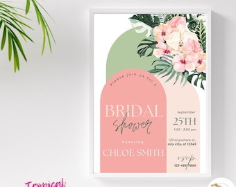 Zomer bruidsdouche | Elke gelegenheid | Tropische bloemen | Bewerkbare sjabloon | Tropische bruiloft | Flamingo bruids douche uitnodigen | Roze bloemen