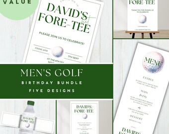 May include: A green and white printable birthday party bundle for a golf-themed event. The bundle includes five designs: a welcome sign, a menu, a water bottle label, an invitation, and a sign for a bar or drinks table. The designs feature a watercolor golf ball and the text "David's Fore-Tee".