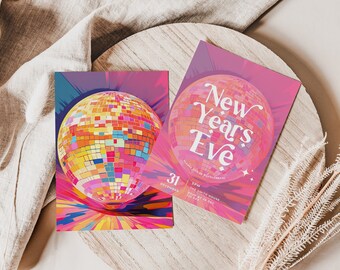 May include: Two pink and purple New Year's Eve party invitations with a disco ball graphic. The text on the invitation reads "New Year's Eve" and "Celebrate the New Year".