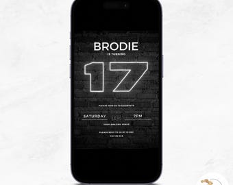 17th birthday party invitation boy, modern bday invite, phone, Text Evite, editable canva Template, any age, Neon Lights, instant download