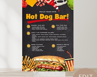 Hot Dog Bar Menu Sign, Printable Birthday Sign, Easy Party Decor, Instant Download, editable canva template, printable, Dog Theme, Puppy