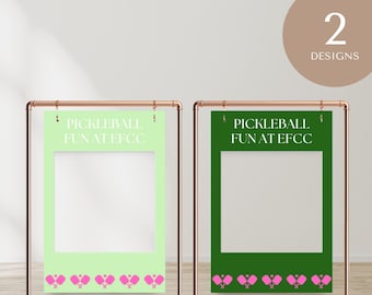 May include: Two printable photo booth frames with a green and light green background. The frames have a white border and the text "Pickleball Fun at EFCC" at the top. The bottom of each frame has a row of pink pickleball paddles.