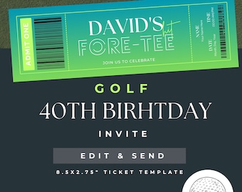 40th birthday invite golf, ticket, invitation, Party, Mens Birthday Themes, fortee, editable canva template, printable, instant download