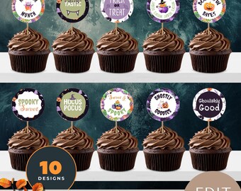Peut inclure: Dix modèles d'embellissements pour cupcakes d'Halloween imprimables avec différents thèmes amusants et effrayants. Les motifs incluent des phrases comme "Monster Munch", "Fang-Tastic", "Trick or Treat", "Boo-Tiful Bites", "Spooky Sweet", "Hocus Pocus", "Sweet & Spooky", "Ghastly Goodies", et "Ghoulishly Good".