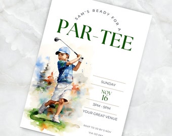 May include: A watercolor illustration of a young boy swinging a golf club on a green golf course. The invitation reads "Sam's Ready for a Par-Tee" with the date and time of the event: Sunday, November 16, 3PM-5PM. The invitation also includes the venue and RSVP information.