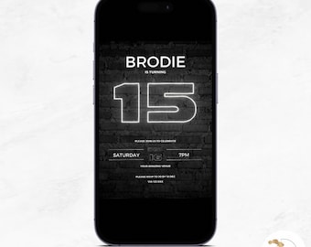 Inbjudan till 15-årsfest pojke, modern födelsedagsinbjudan, telefon, textmeddelande, redigerbar canvasmall, alla åldrar, neonljus, omedelbar nedladdning