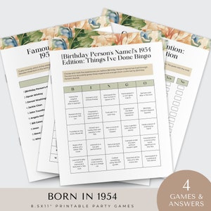 „Born 1954“-Spiele, Partyspiele zum 70. Geburtstag, Bundle, Spaß zum Ausdrucken, Aktivitäten für Männer und Frauen, Dekoration, Bingo, Erwachsene, digitaler Download, Wissenswertes