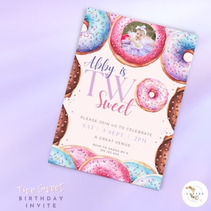 Editable Template | Pink Yellow Purple Blue Donut Birthday Invitation | 4X6 & 5X7 | Editable Instant Download | Sweet Celebration, 2nd birth