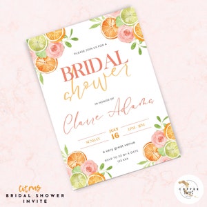Invitation nuptiale de douche | Téléchargement instantané | Orange (Yvonne) | Modèle de douche nuptiale modifiable | Invitation florale élégante, agrumes brillants