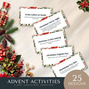 atividades do advento da família natal para impressão, modelo editável, contagem regressiva, calendário, cartões de atividades de férias de natal, download digital para crianças