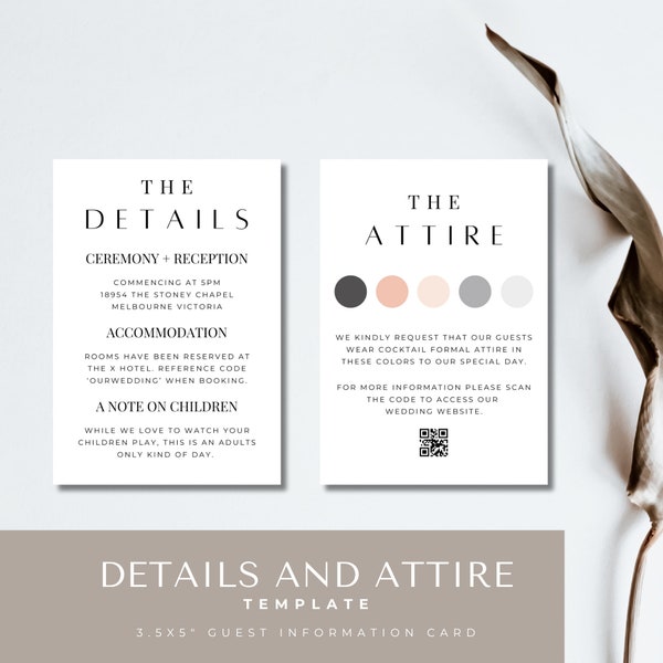 Details and attire Card With Qr Code, minimalist Wedding Details Card, Modern Wedding Details Card Template, Info Card, Instant Download,