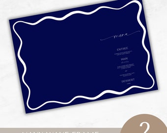 May include: Navy blue placemat template with a white wavy border. The template has the word "menu" written in cursive at the top and includes the words "entree", "main", and "dessert" in a simple font. The template is available in two sizes: A3 and 17x11 inches.