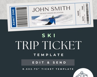 Puede incluir: Una plantilla de boleto de viaje de esquí azul y blanco con el texto "John Smith" y "The Most Amazing Ski Location". La plantilla incluye campos para el nombre, la fecha y la hora. El boleto mide 8,5 pulgadas por 2,75 pulgadas.