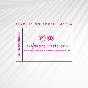 Puede incluir: Fondo blanco con texto rosa "FIND US ON SOCIAL MEDIA". Un rect&aacute;ngulo negro contiene los logotipos de Instagram y Pinterest, el nombre de la tienda Etsy y la URL de la tienda Etsy. Las palabras "LET'S CONNECT" est&aacute;n a la izquierda.
