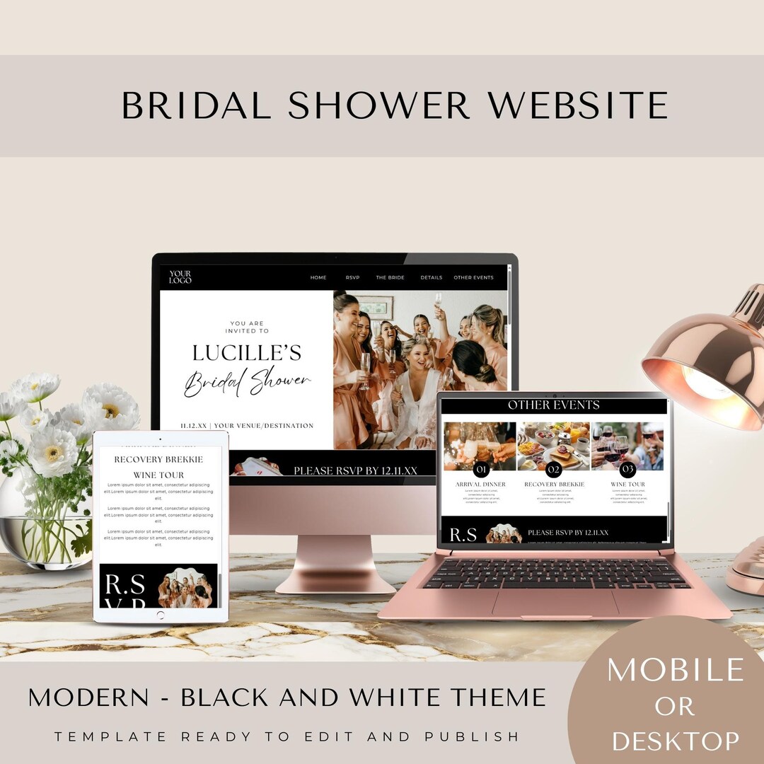 Bridal Shower site, TEMPLATE, Modern Minimalist Wedding, Canva