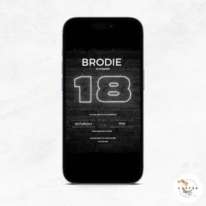 digital 18th birthday invitation for boys, modern bday invite, Text Evite, editable Template Download For male, Eighteenth, Neon Lights