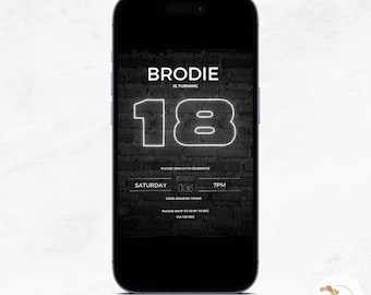 digital 18th birthday invitation for boys, modern bday invite, Text Evite, editable Template Download For male, Eighteenth, Neon Lights