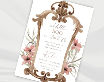 Halloween Baby Shower Invitation, Gender Neutral Halloween Invite, Baby Is Brewing, Witch, gothic floral, A Little Boo Is Almost Due